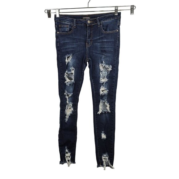 Fashion Nova Ripped Skinny Jeans Juniors Size 11 Dark Wash Blue Distressed - Picture 1 of 8
